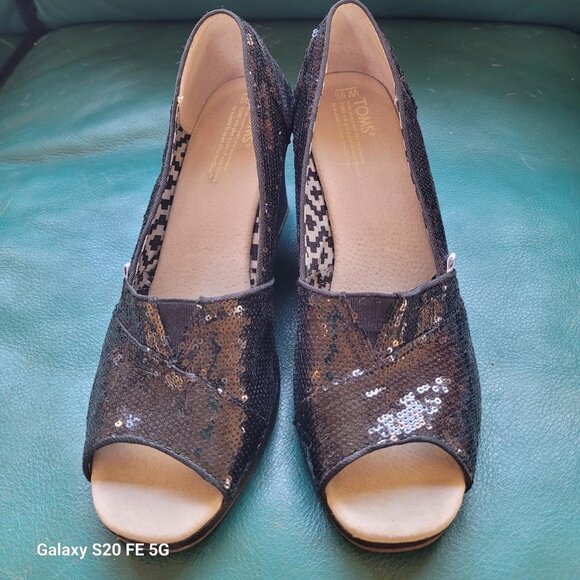 Toms Sequin Open Toe Platform Wedges - Picture 2 of 5